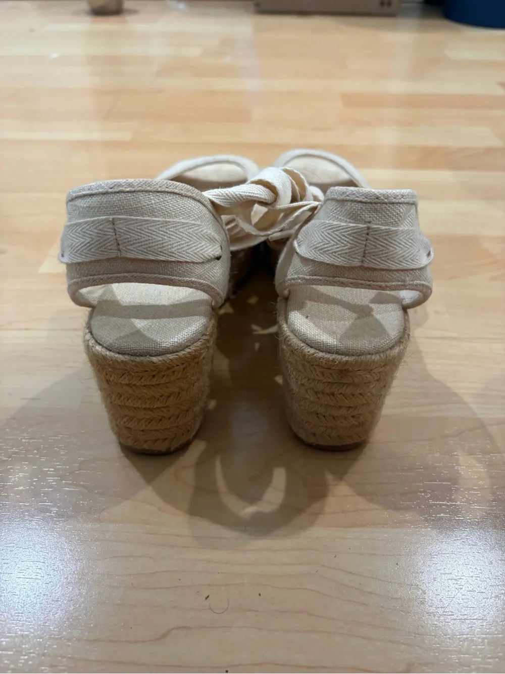 Soludos Cream Canvas Espadrille Wedge Sandals with Ankle Tie